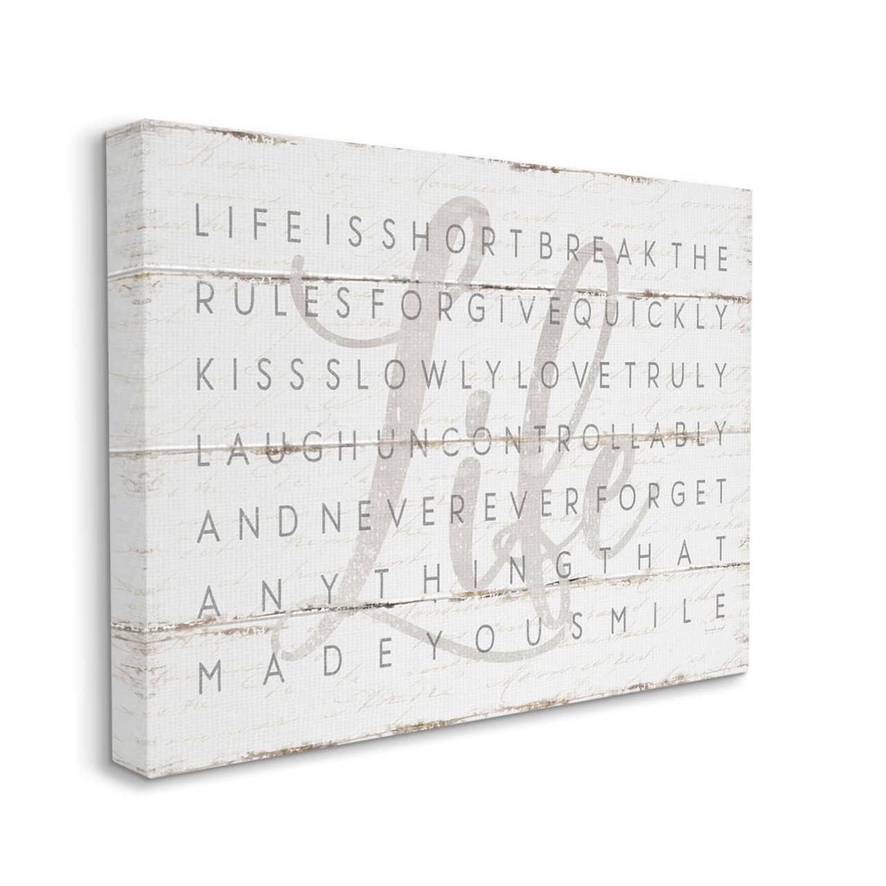 Stupell Industries Life Is Short Smile Grey on White Planked Look Canvas Wall Art